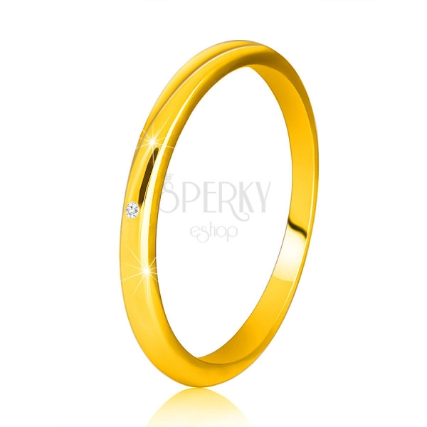 Inel din aur galben 14K - brațe subțiri netede, diamante strălucitoare