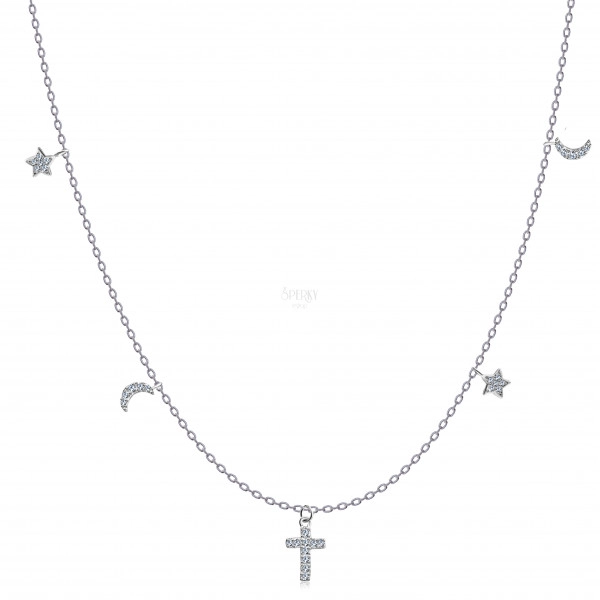 Colier din argint 925 - cruce, stele și luna, zirconii limpezi