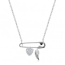 Colier din argint 925 - ac de siguranță cu pandantive, inimă cu zirconii, aripă de înger
