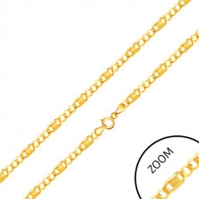 Lanț de aur strălucitor 585 - trei inele ovale, celulă cu o placă dreptunghiulară, 500 mm