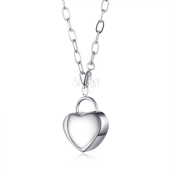 Colier din oțel inoxidabil - inimă rotunjită, lanț fin de inele ovale, de culoare argintie