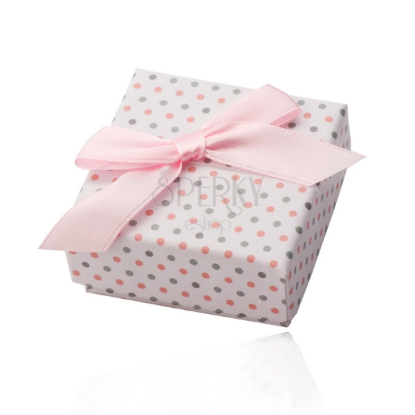 Cutie cadou albă pentru inele sau cercei, puncte roz și gri, panglică