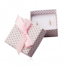 Cutie cadou albă pentru inele sau cercei, puncte roz și gri, panglică