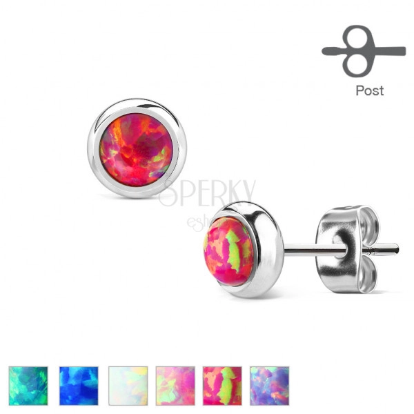 Cercei din oțel chirurgical - opal sintetic în montură, diferite culori, 6 mm