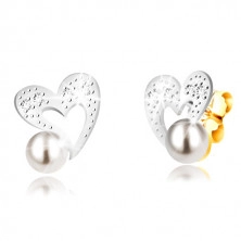 Cercei din aur 9K combinat - inimă cu linii neregulate, zirconii, perle