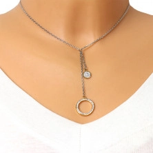 Colier din oțel – contur inel mare cu cristale, inel plat, pandantive culoare aurie