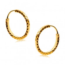 Cercei din aur galben 585 - cercuri decorate cu diamant tăiat, umeri pătrati, 14 mm