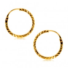 Cercei din aur galben 585 - cercuri decorate cu diamant tăiat, umeri pătrati, 14 mm
