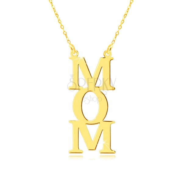 Colier din aur galben de 14K - inscripție „MOM”, litere una sub cealaltă, lanț de inele minuscule