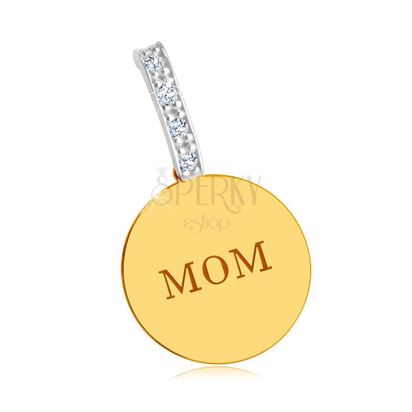 Pandantiv combinat din aur de 9K - cerc plat lucios, inscripție „MOM”, linie zirconică
