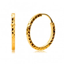 Cercei din aur galben 375 - cercuri decorate cu diamant tăiat, umeri pătrati, 14 mm