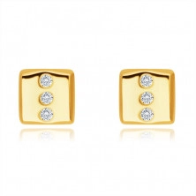 Cercei din aur galben cu diamante de 14K - dreptunghi cu trei străluciri rotunde, știfturi
