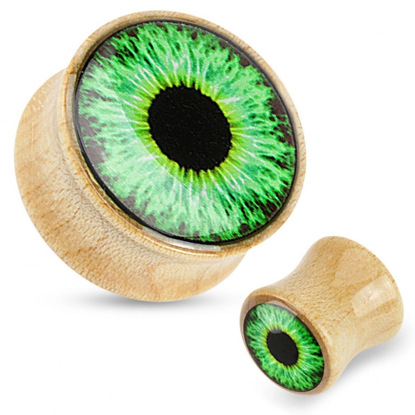 Dop pentru urechi din lemn - culoare maro deschis, glazură transparentă, ochi verzi