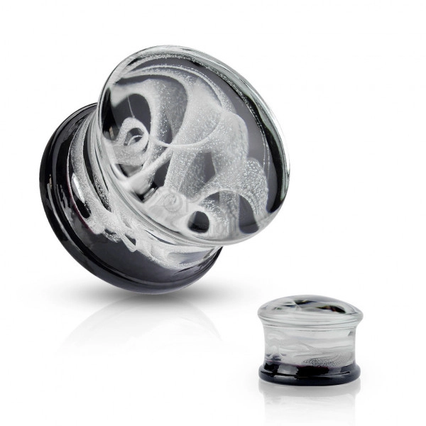 Dop-plug pentru urechi, din sticlă Pyrex - model de fum alb pe fond negru