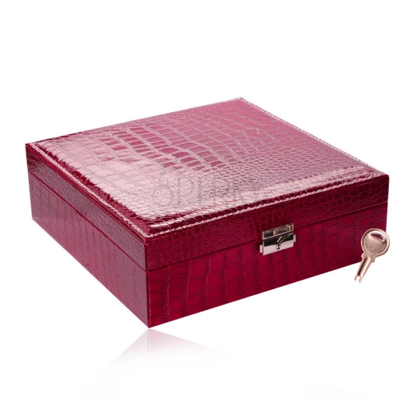 Cutie de bijuterii dreptunghiulară într-o culoare roz închis - imitație de piele de crocodil, cataramă, cheie