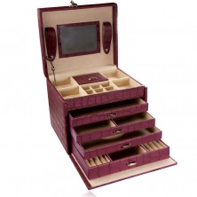 Cutie de bijuterii valiză în culoarea bordeaux violet, model crocodil, detalii metalice în nuanță argintie