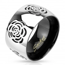 Inel din oțel 316L, culoare argintiu-negru, trandafiri gravați