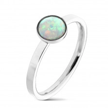 Inel din oțel de culoare argintie, opal sintetic cu reflexe curcubeu, umerii înguști