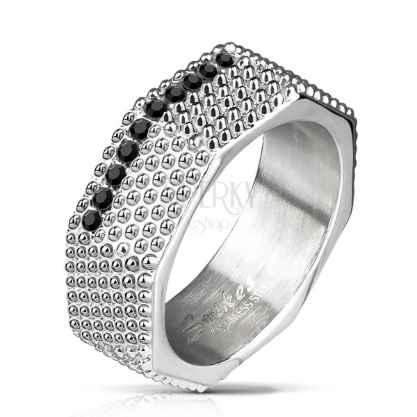 Inel din oțel - stil industrial, șurub masiv cu elemente saliente și zirconi negri