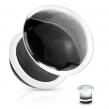 Plug pentru urechi, sticlă transparentă, formă convexă - hrib cu capăt negru, cu un elastic pentru oprire