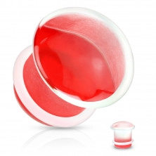 Plug pentru urechi din sticlă transparentă, formă convexă - ciupercă cu finisaj roșu
