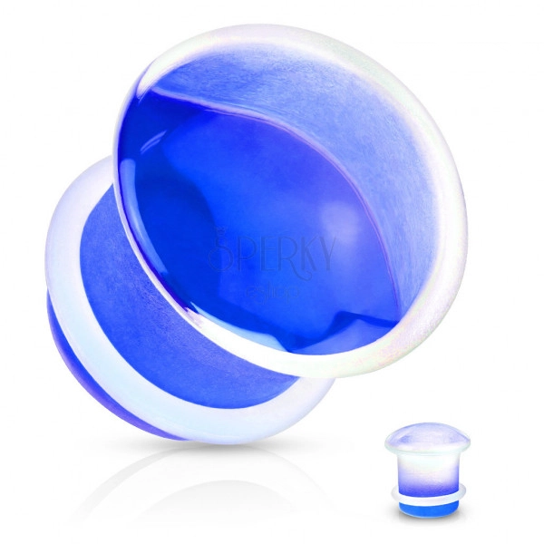 Dop pentru urechi, sticlă transparentă, formă convexă în finisaj albastru, bandă elastică pentru oprire