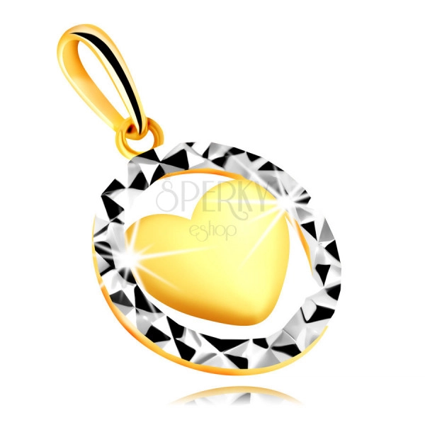 Pandantiv din aur combinat 375 - contur al unui cerc cu decupaje triunghiulare, inimă convexă
