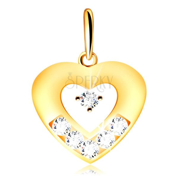 Pandantiv din aur 375 - contur al unei inimi plate cu decupaje, zirconii clare