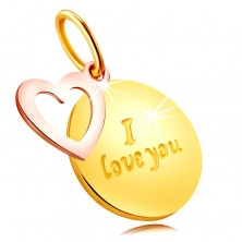 Pandantiv din aur combinat 375 - placă rotundă cu scris „I love you”, contur inimă