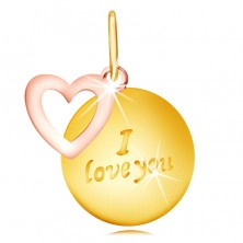Pandantiv din aur combinat 375 - placă rotundă cu scris „I love you”, contur inimă
