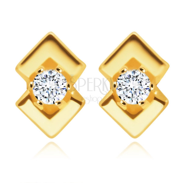 Cercei din aur galben 375 - zirconiu clar rotund, două triunghiuri lucioase