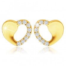 Cercei din aur galben 375 - inimă simetrică cu decupaj, zirconii rotunde