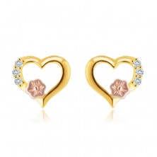 Cercei din aur de 9K - contur de inimă, zirconii rotunzi limpezi, floare decorativă din aur roz