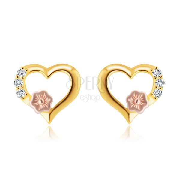 Cercei din aur de 9K - contur de inimă, zirconii rotunzi limpezi, floare decorativă din aur roz