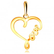 Pandantiv din aur galben 375 - contur lucios în formă de inimă cu scris “Love”