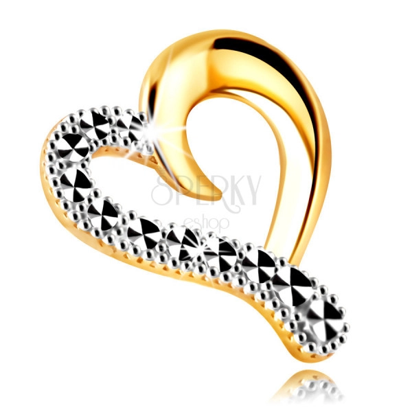 Pandantiv din aur combinat 9K - inimă asimetrică, linie extinsă strălucitoare