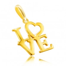 Pandantiv din aur galben de 9K - inscripție „LOVE” cu majuscule, inimă ca litera O