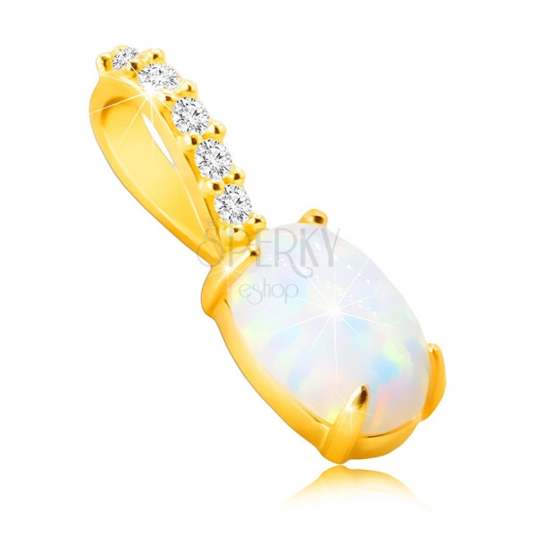 Pandantiv din aur de 9K - opal sintetic oval cu reflexe curcubeu, mici zirconii strălucitoare