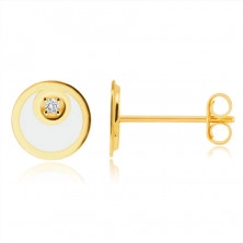 Cercei din aur 375 – inel cu formă de lună și glazură albă, mic zirconiu sclipitor