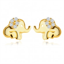 Cercei din aur galben de 9K – un elefant așezat, cu trompă și cu urechea împodobită cu un zirconiu rotund