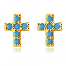 Cercei din aur de 9K – cruce latină micuță împodobită cu turcoaz rotund, știfturi