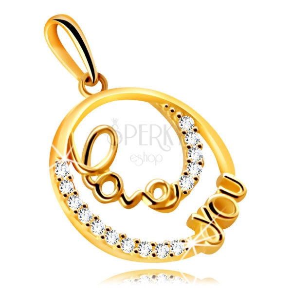 Pandantiv din aur 9K - un cerc cu scris decorativ „Love you”, mici zirconii clare