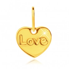 Pandantiv din aur galben de 9K - inimă plată simetrică cu inscripția gravată „Love”, lustruită în oglindă