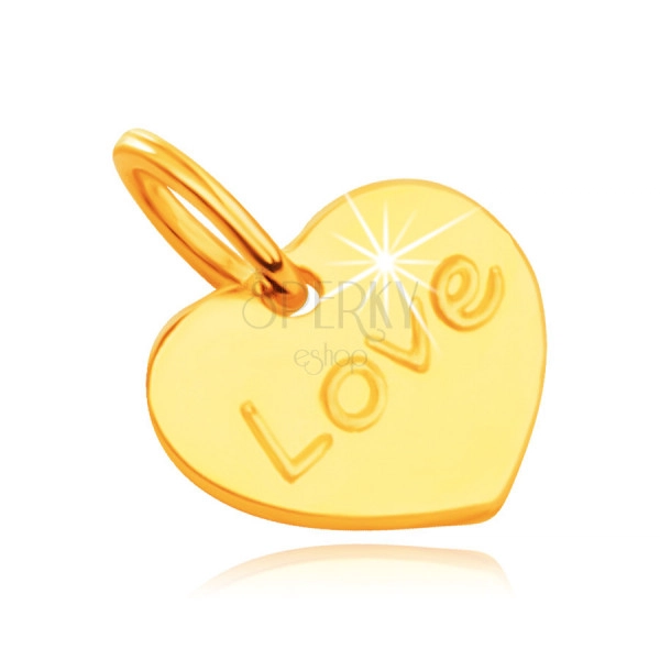 Pandantiv din aur galben de 9K - inimă plată simetrică cu inscripția gravată „Love”, lustruită în oglindă