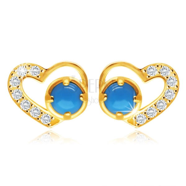 Cercei din aur galben 375 - inimă simetrică cu zirconii clare și turquoise
