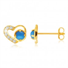 Cercei din aur galben 375 - inimă simetrică cu zirconii clare și turquoise
