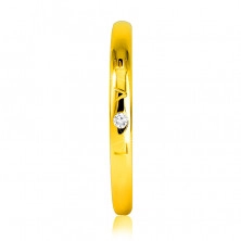 Inel din aur galben de 9K - inscripția „LOVE” cu zircon, suprafață netedă, 1,5 mm