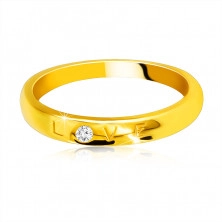 Inel din aur galben 585 - inscripție "LOVE" cu zircon 1,6 mm, suprafață netedă 