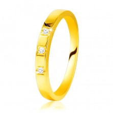 Inel din aur galben 585 – suprafață luciosă cu trei zirconii strălucitoare