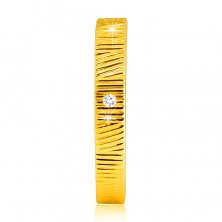 Inel din aur galben 14K - crestături decorative fine, zircon transparent 1,5 mm